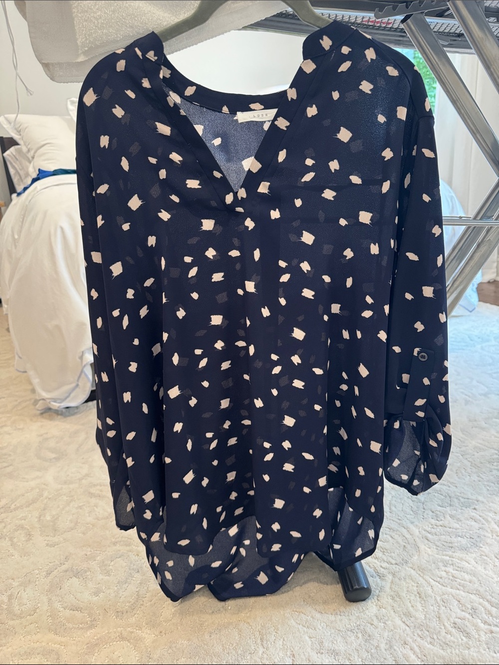 Lush Navy and Cream Abstract V-Neck Blouse